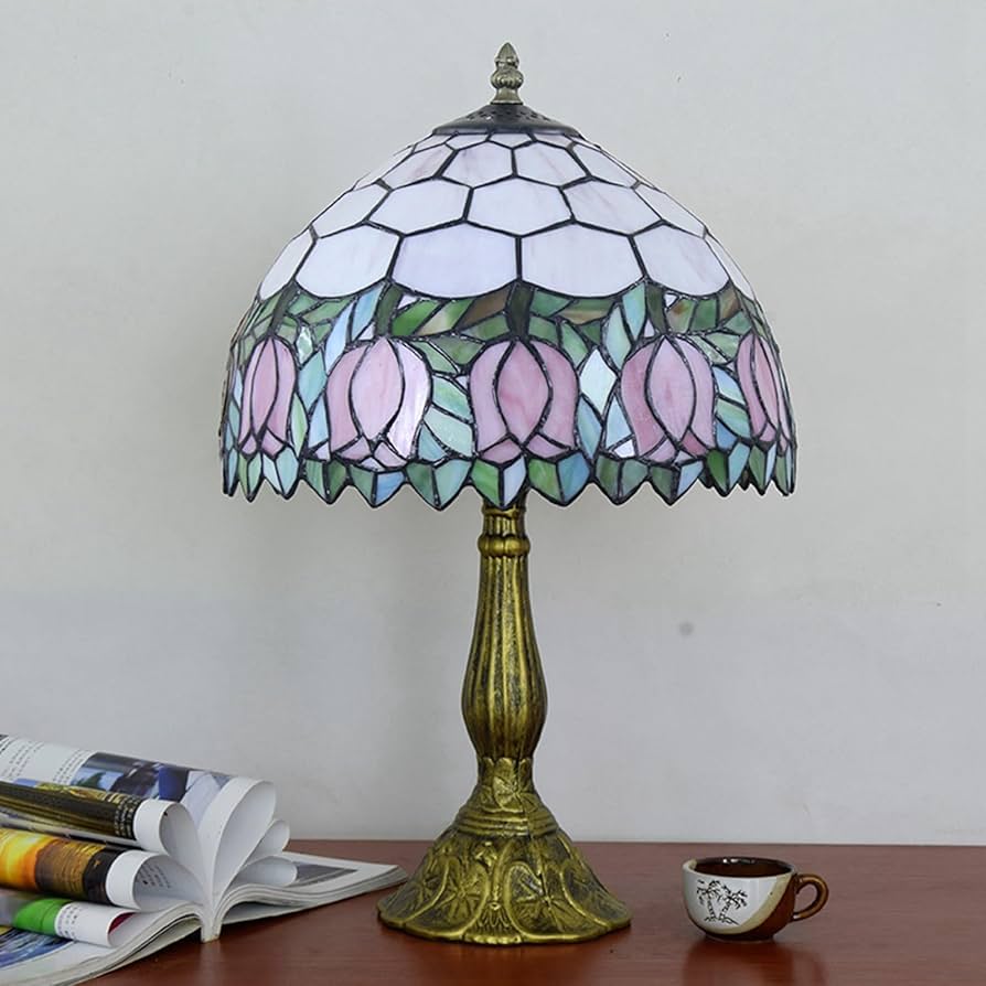 Pink tulip stained glass lamp