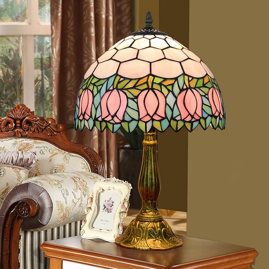 Pink tulip stained glass lamp