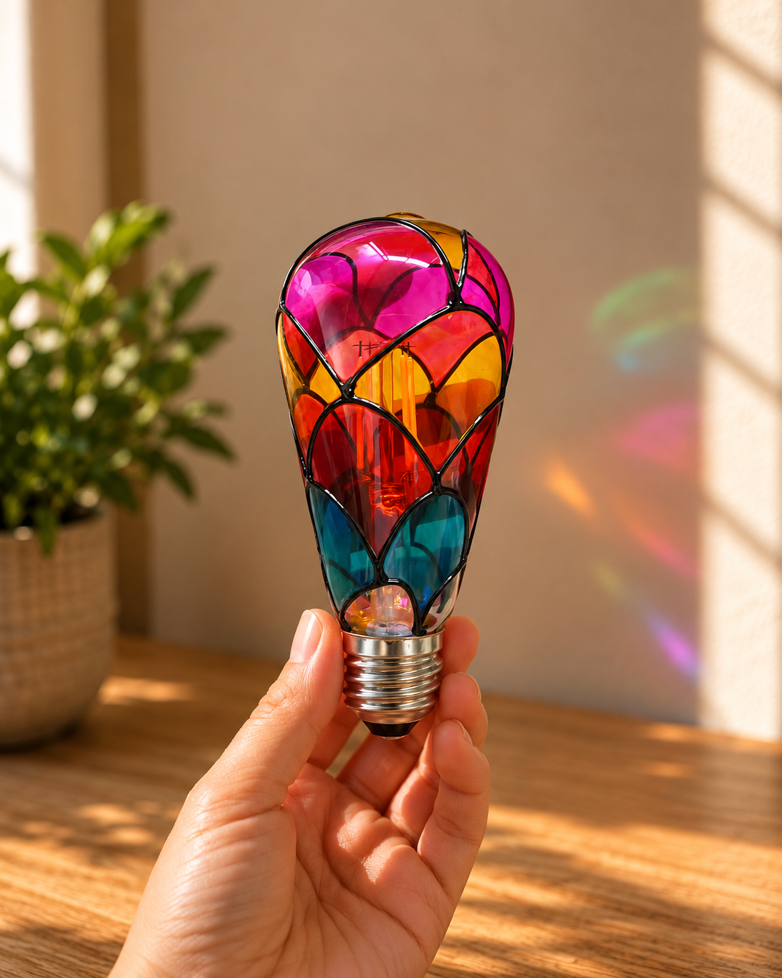 Mosaic glow bulb illuminating a bedside lamp — ST64