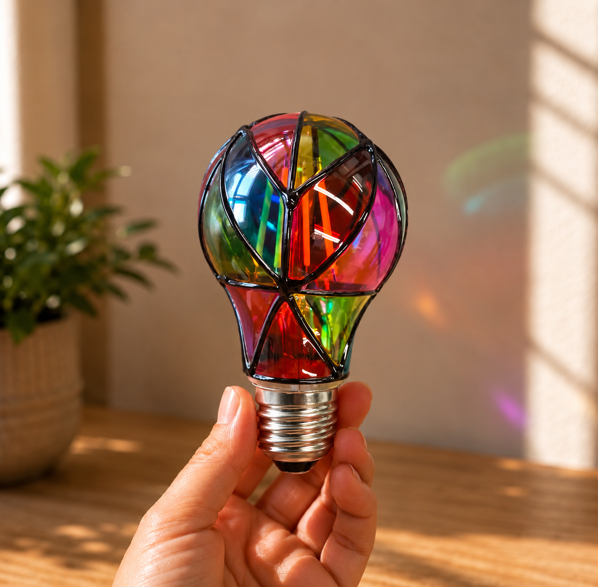 Mosaic glow bulb illuminating a bedside lamp — A60