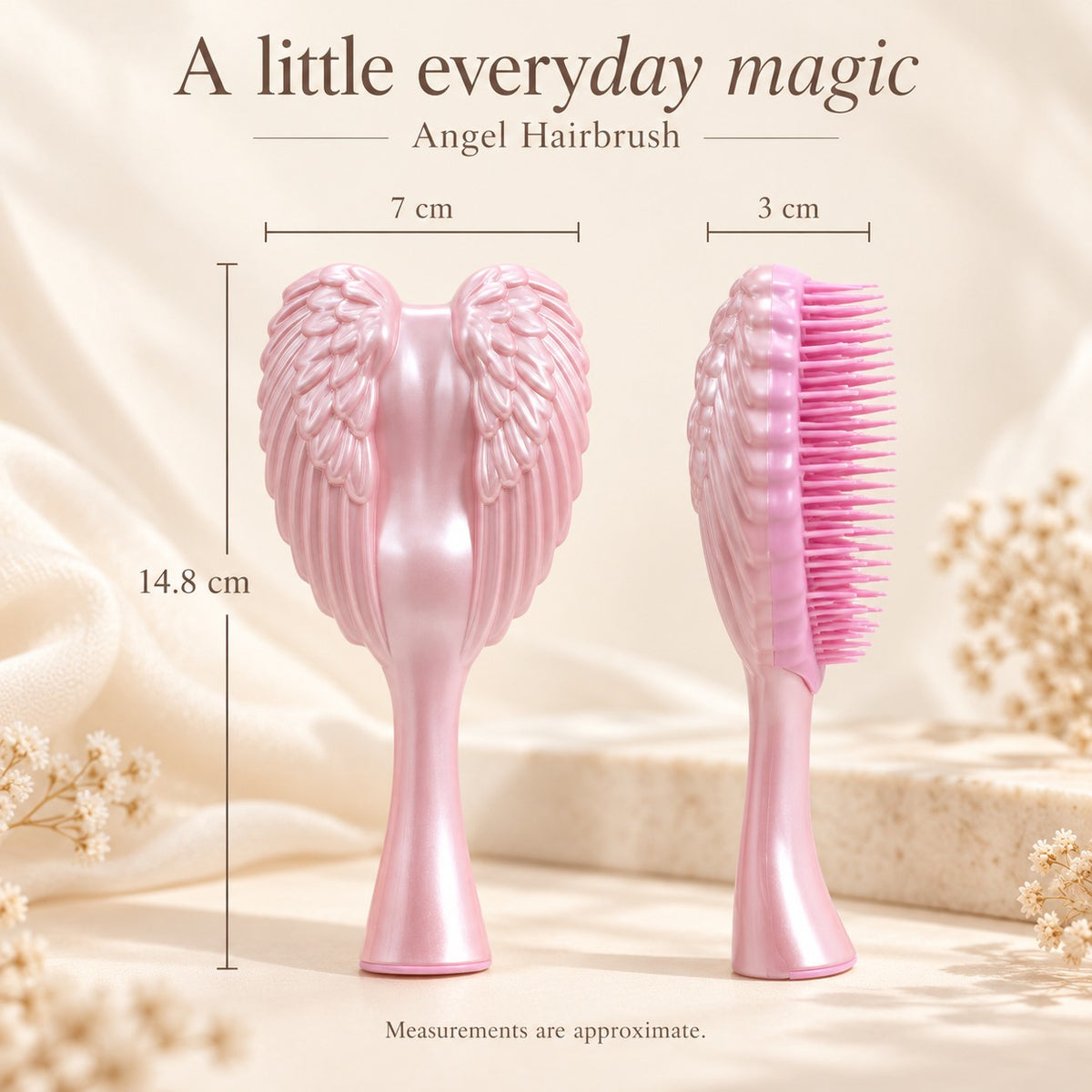 Pink Angel Hairbrush size: 14.8 cm tall, 7 cm wide, 3 cm deep