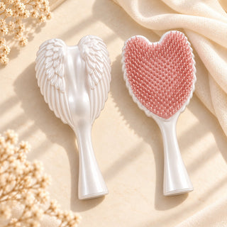 White Angel Hairbrush, front and back, pearly wings and rose heart-shaped bristles