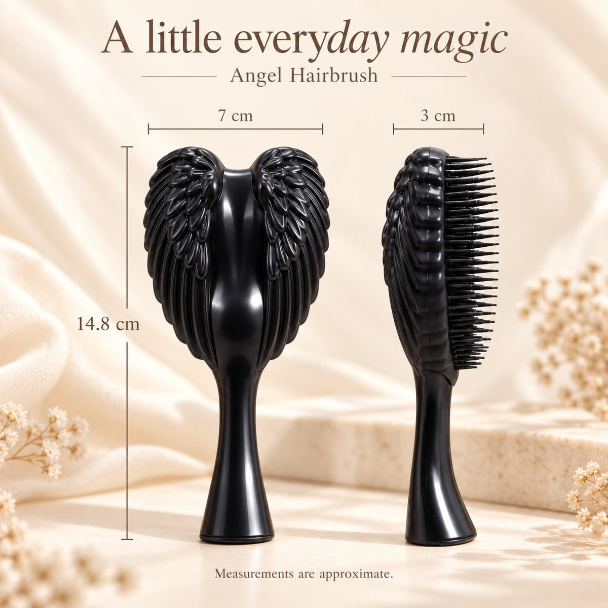 Black Angel Hairbrush size: 14.8 cm tall, 7 cm wide, 3 cm deep