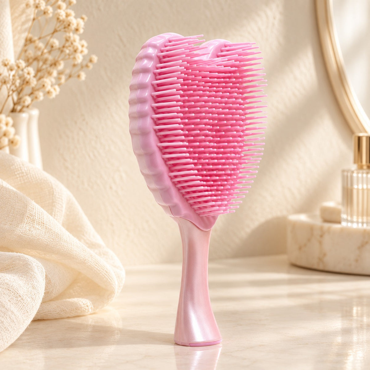 Pink Angel Hairbrush standing on a bathroom counter