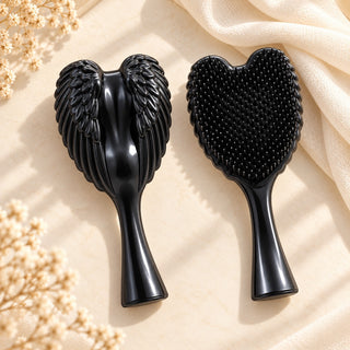 Black Angel Hairbrush, front and back, wings and heart-shaped bristles