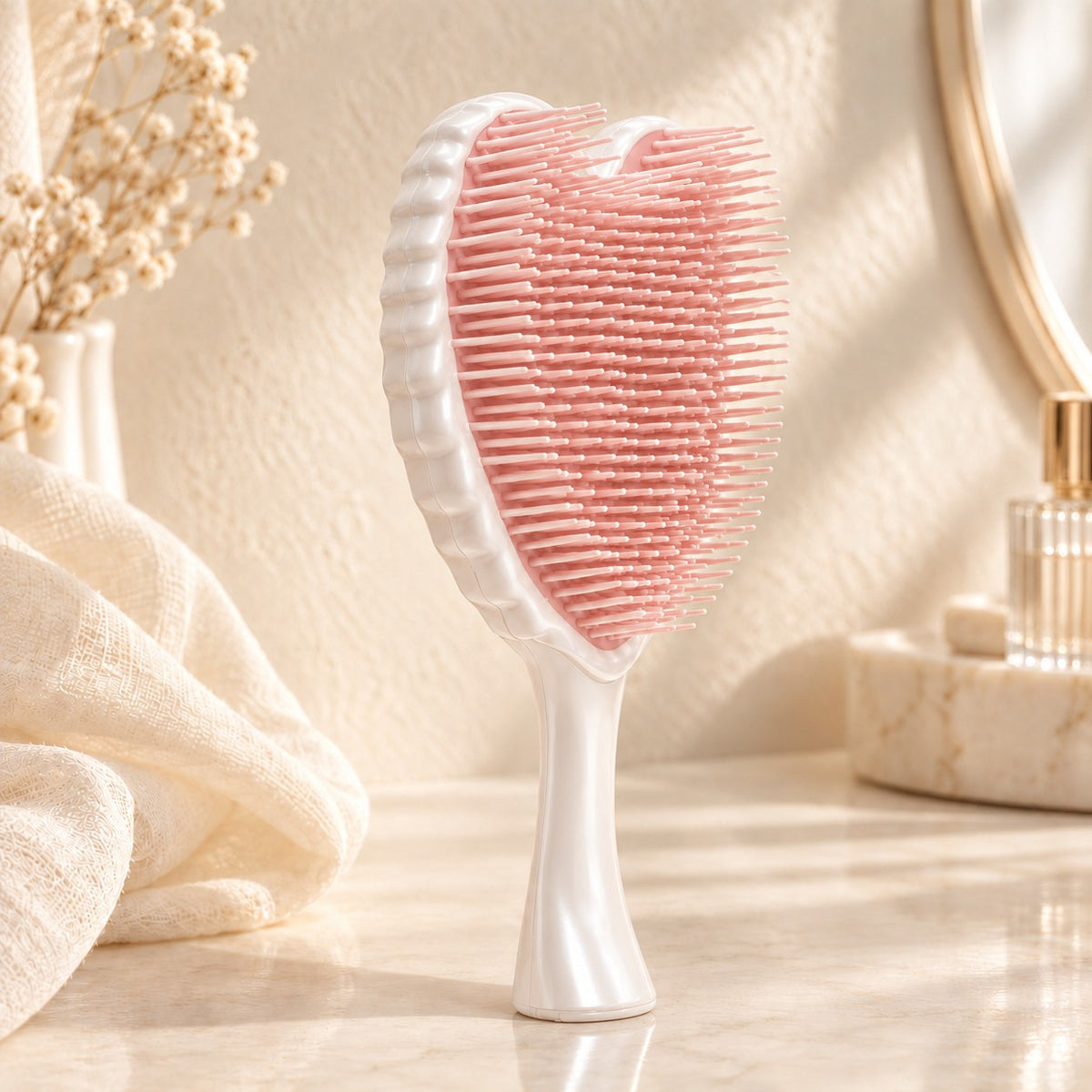 White Angel Hairbrush standing on a bathroom counter
