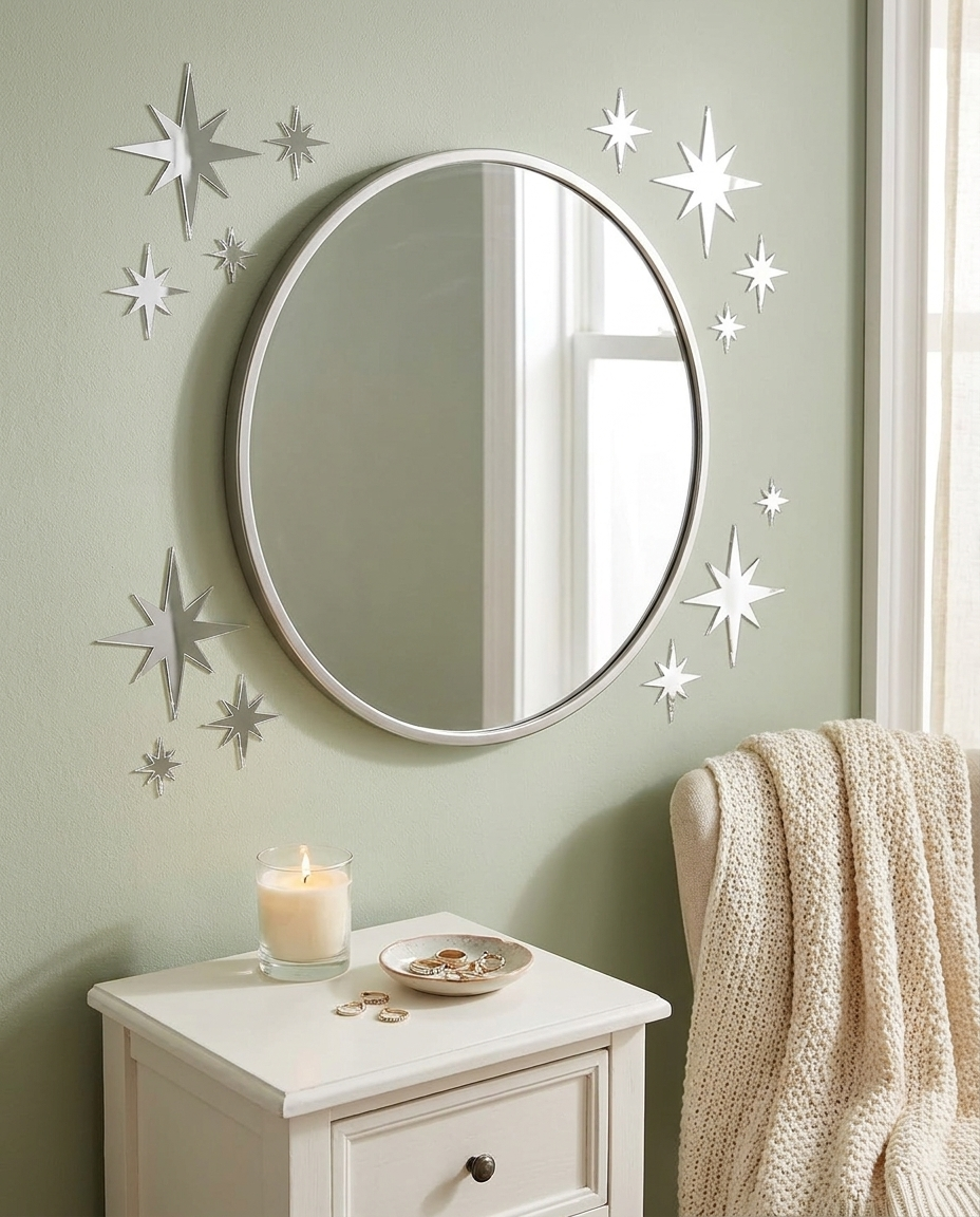 Silver mirror star stickers around a vanity mirror