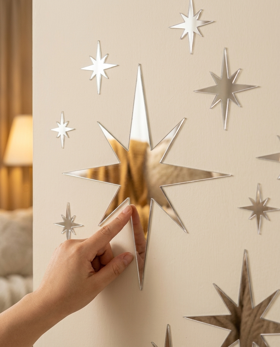 Silver mirror star sticker being placed on a wall