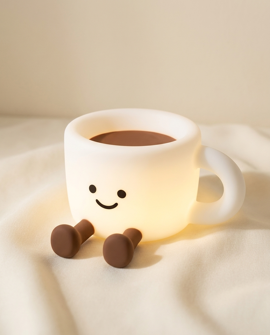 Cosy Cup Night Light — smiley coffee cup lamp glowing warm