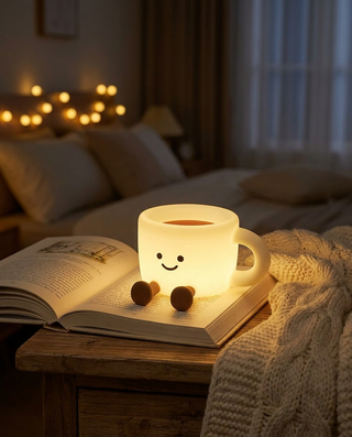 Cosy Cup Night Light on a bedside table at night