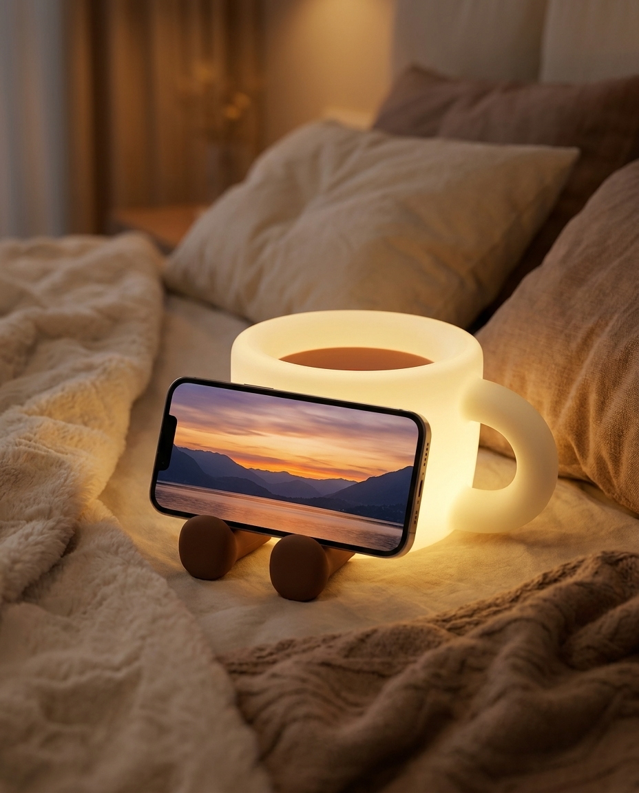 Cosy Cup Night Light holding a phone between its legs