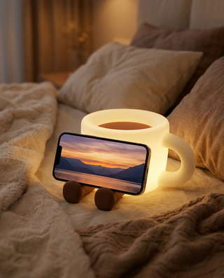 Cosy Cup Night Light holding a phone between its legs