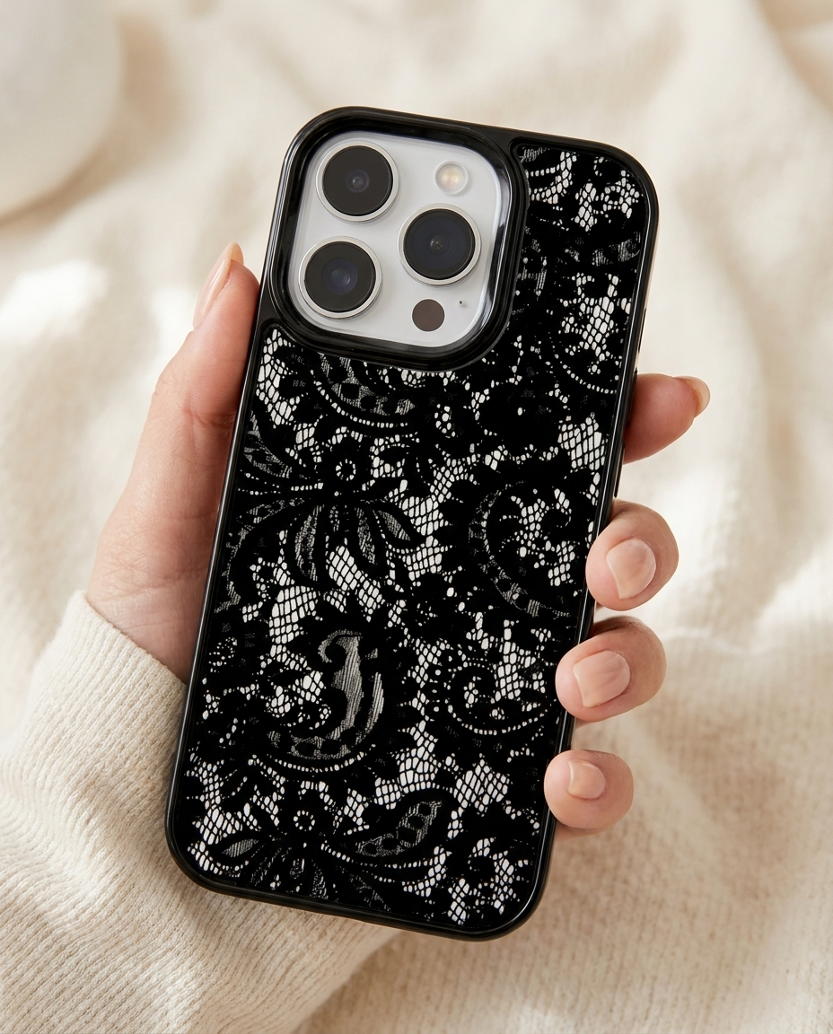 Midnight Lace iPhone Case Black Frame in hand