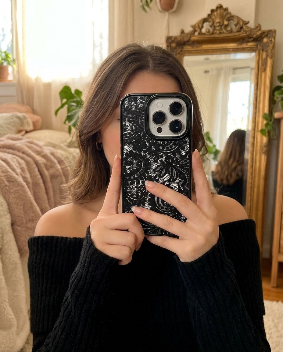 Black Frame lace phone case held up in a cosy bedroom