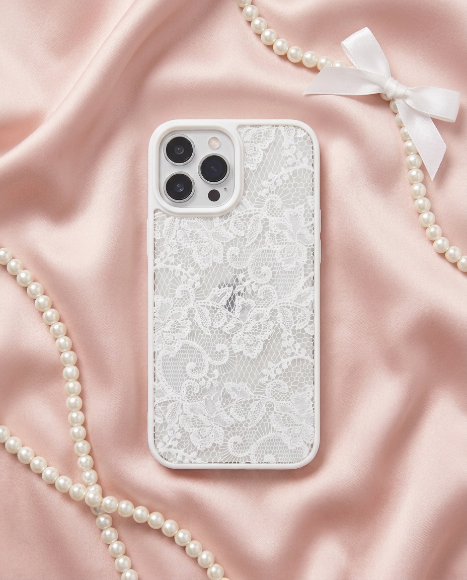 White Frame lace phone case flat lay on blush satin
