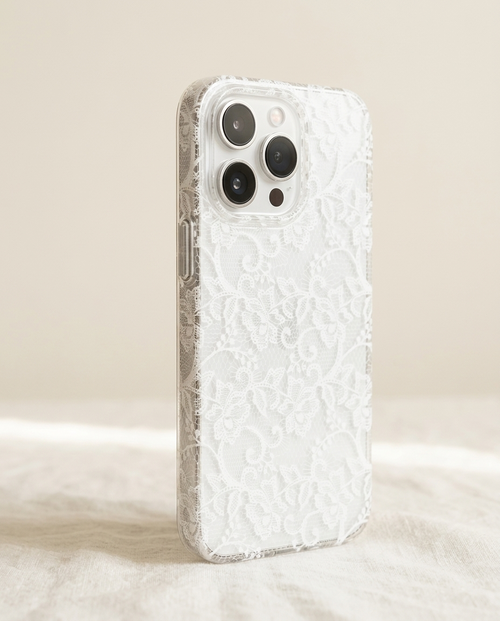 Clear Lace iPhone case three-quarter angle showing back and side