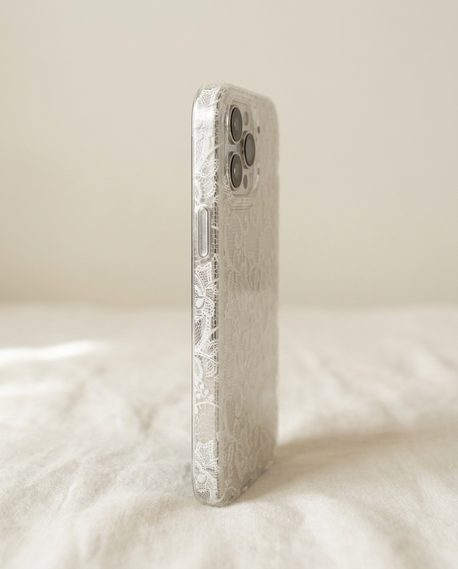 Clear Lace iPhone case side profile showing the lace bumper and buttons