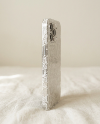 Clear Lace iPhone case side profile showing the lace bumper and buttons