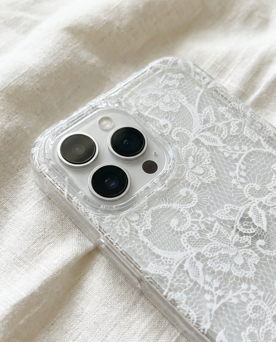 Clear Lace iPhone case close-up of the camera lip and lace detail