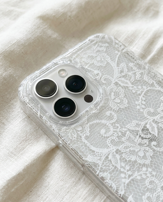 Clear Lace iPhone case close-up of the camera lip and lace detail